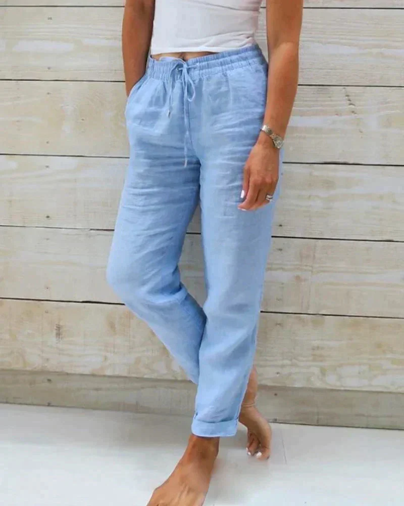 NOÉVA | Linnen zomerbroek met elastische taille en rechte pijpen