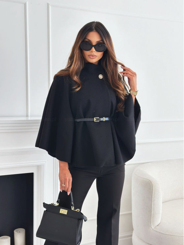 Batwing jas met riem en brede mouwen | Elegante mantel in wolmix