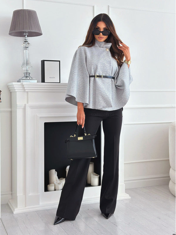 Batwing jas met riem en brede mouwen | Elegante mantel in wolmix