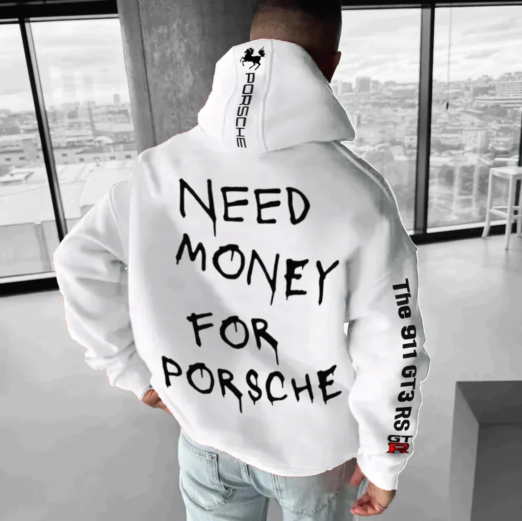 Hoodie met sportautoprint – Rugdesign met typografie en mouwopdruk