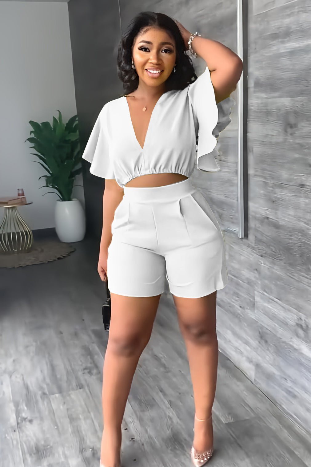 AMELAYA | Geplooide Twee-Delige Zomerset met V-Hals