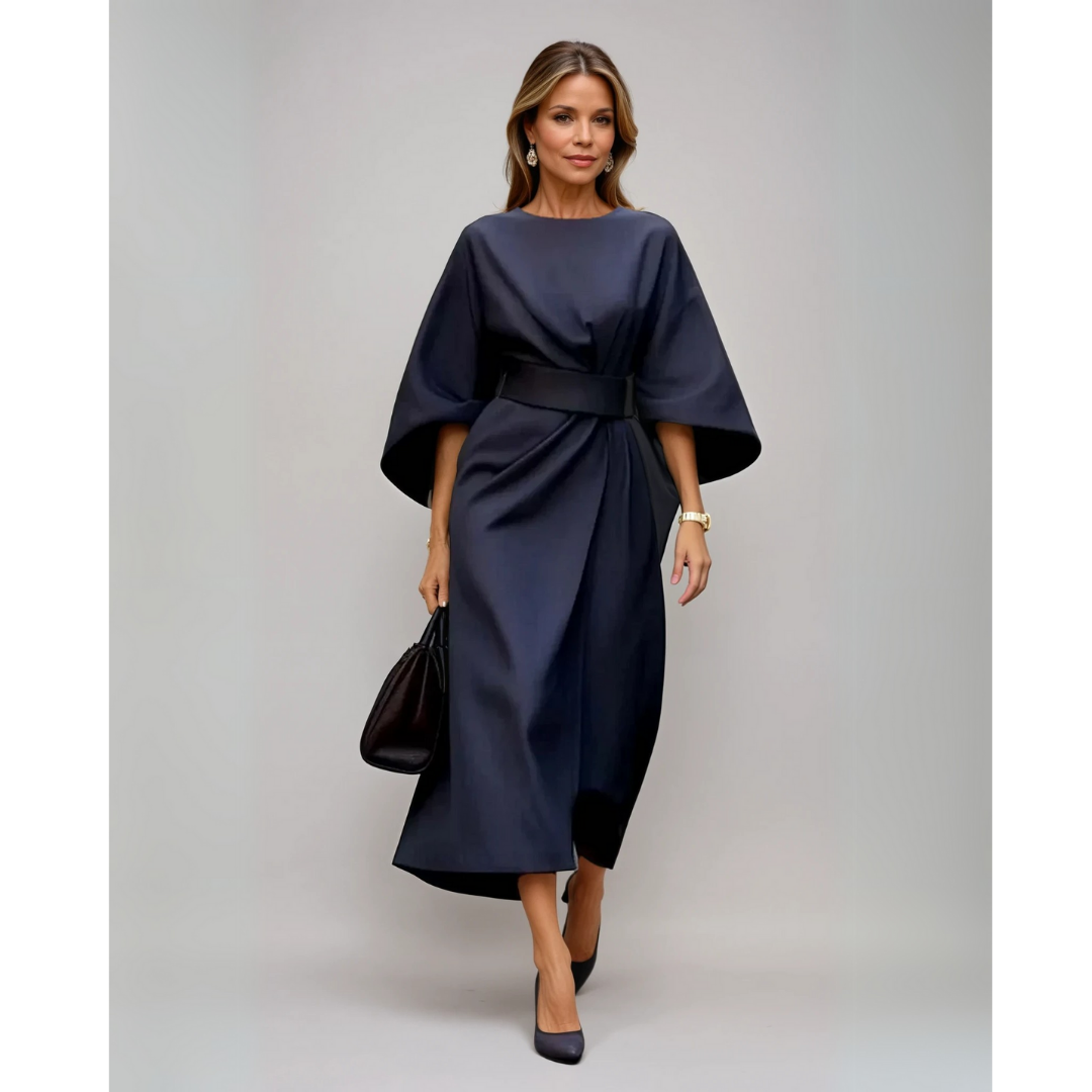 Maelina | Midi-Jurk met Lantaarnmouwen en Elegante Tailleceintuur