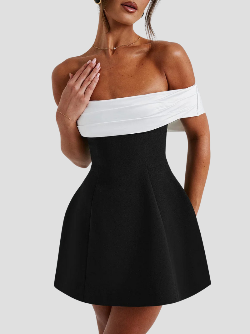 NOIRÉLLE | Zwart-witte mini-jurk met strikdetail en bardot-hals