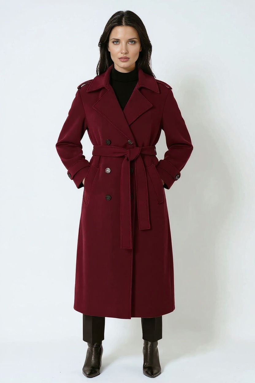 Burgundy Lange Winterjas Dames met Ceintuur en Dubbele Knopen voor Stijl en Comfort 2
