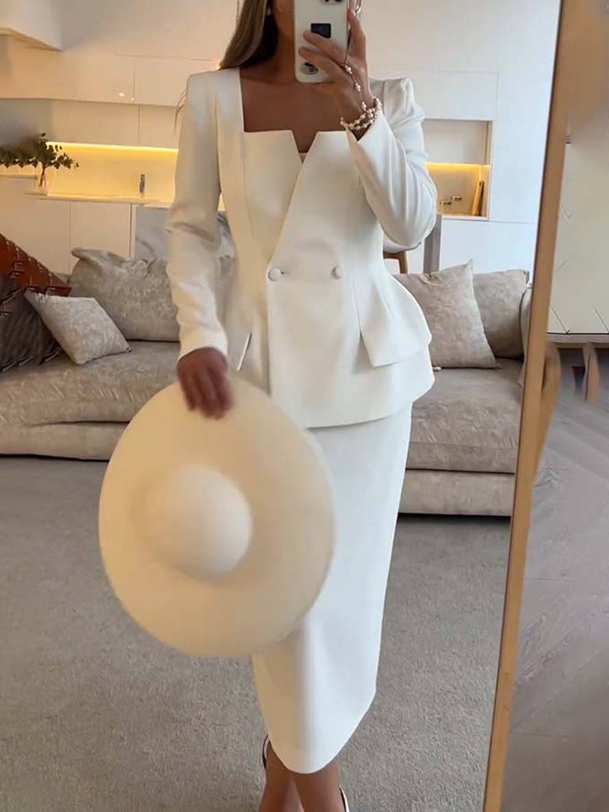 VALÉRIA | Elegante tweedelige kantoorset met blazer en rok