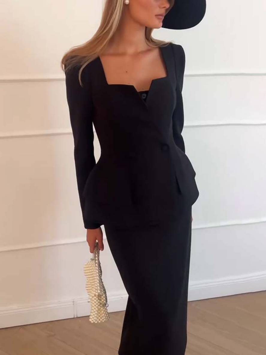 VALÉRIA | Elegante tweedelige kantoorset met blazer en rok