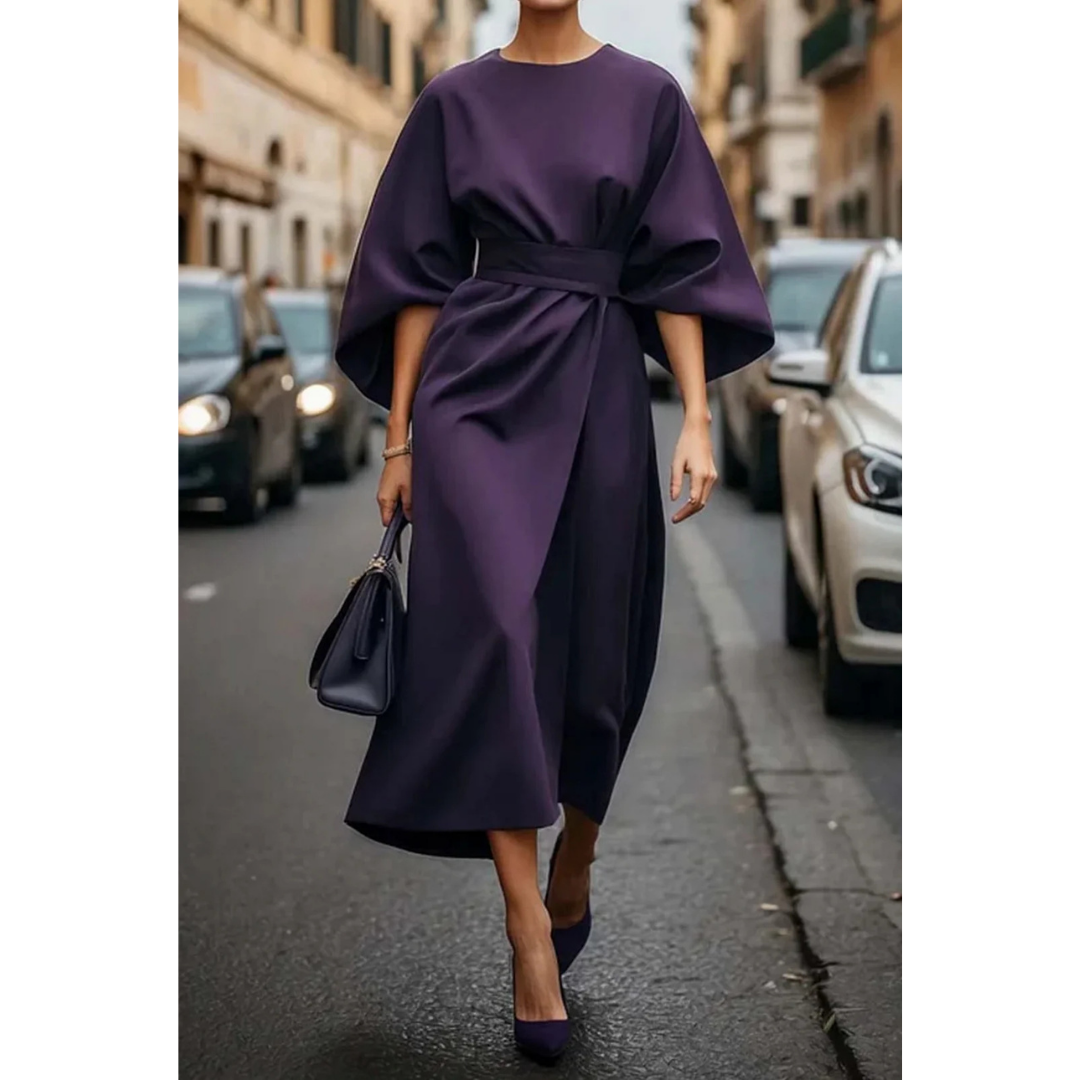 Maelina | Midi-Jurk met Lantaarnmouwen en Elegante Tailleceintuur