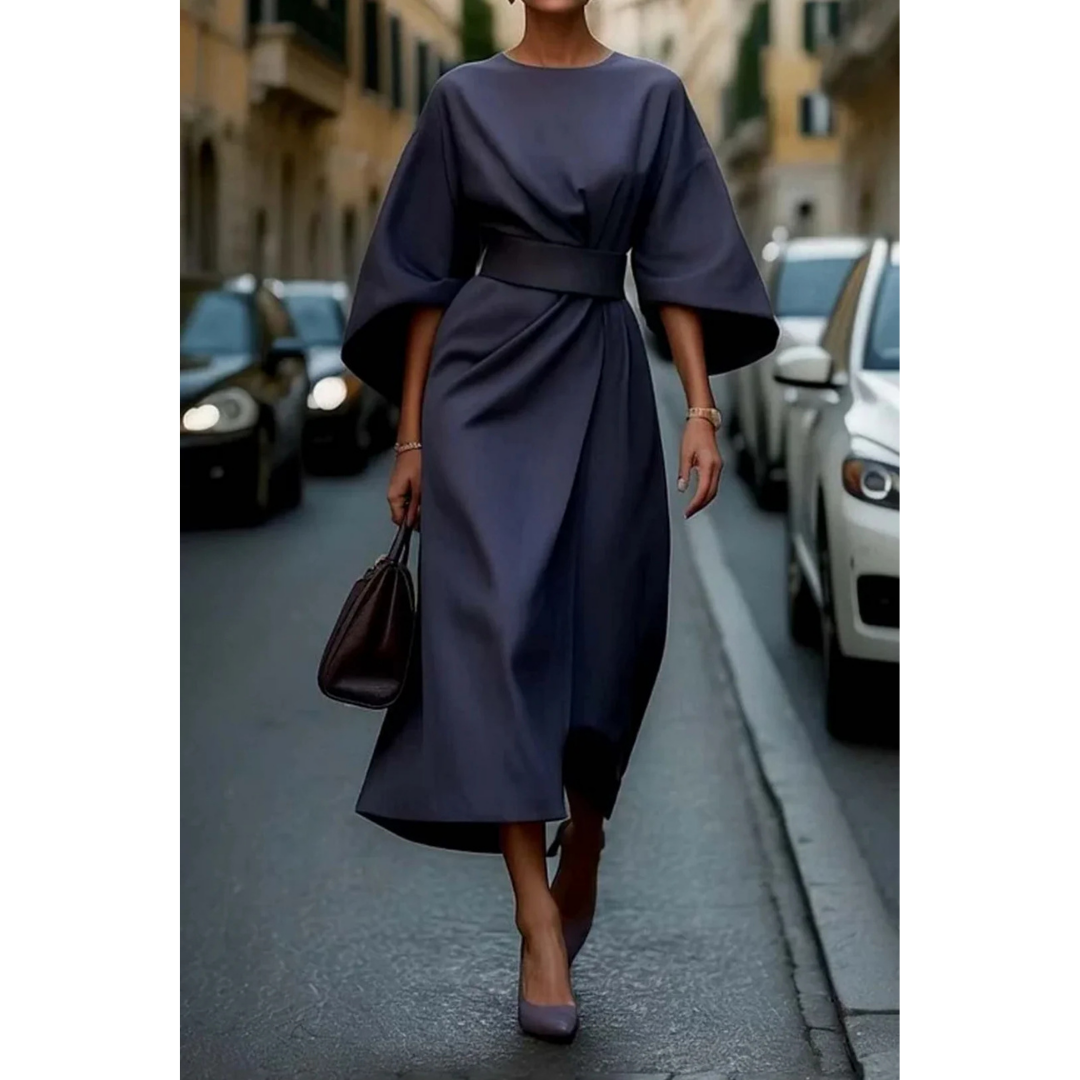 Maelina | Midi-Jurk met Lantaarnmouwen en Elegante Tailleceintuur