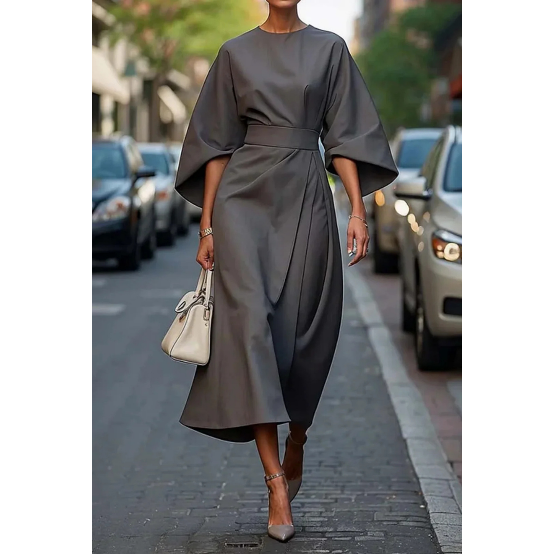 Maelina | Midi-Jurk met Lantaarnmouwen en Elegante Tailleceintuur