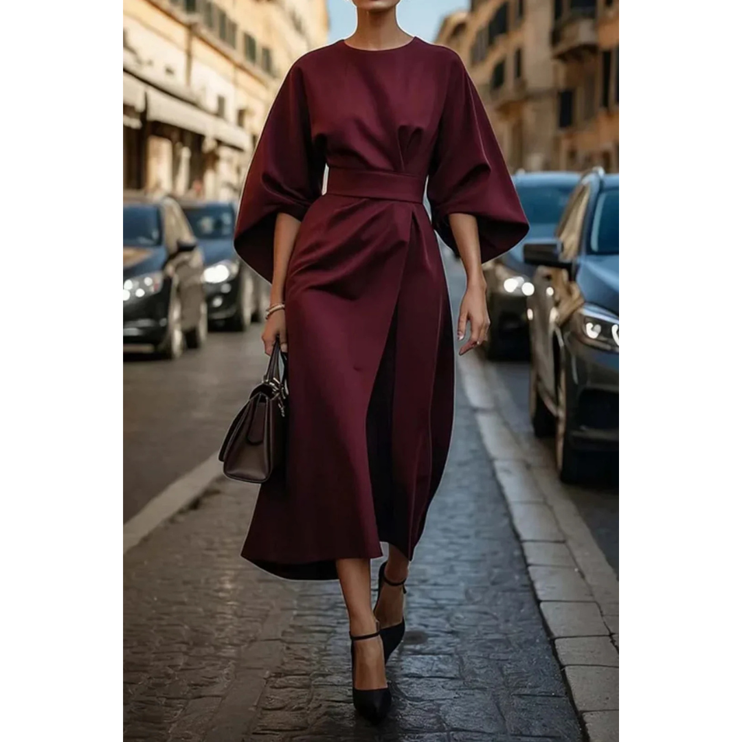 Maelina | Midi-Jurk met Lantaarnmouwen en Elegante Tailleceintuur