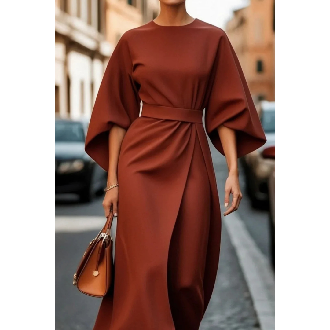 Maelina | Midi-Jurk met Lantaarnmouwen en Elegante Tailleceintuur
