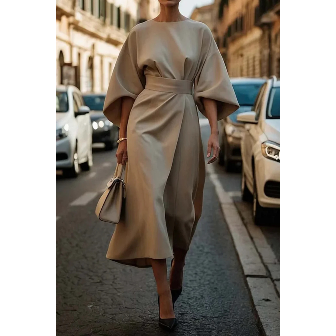 Maelina | Midi-Jurk met Lantaarnmouwen en Elegante Tailleceintuur