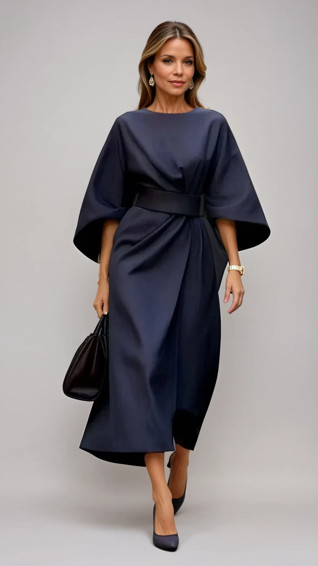 Maelina | Midi-Jurk met Lantaarnmouwen en Elegante Tailleceintuur