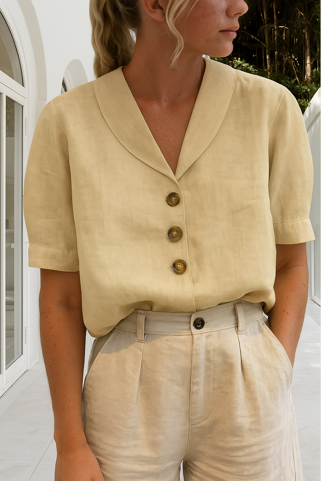 MIREYA | Casual Linnen-Katoen T-shirt met Knoopdetails