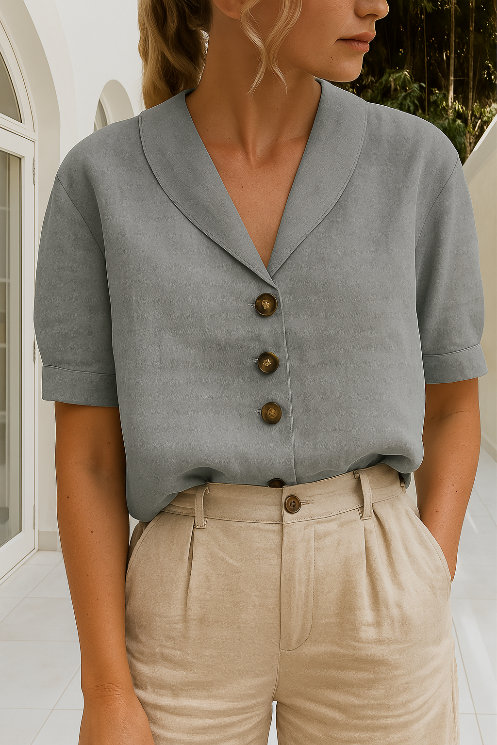 MIREYA | Casual Linnen-Katoen T-shirt met Knoopdetails