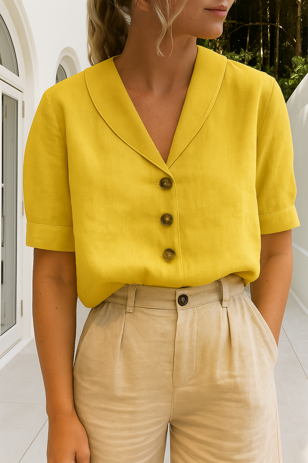 MIREYA | Casual Linnen-Katoen T-shirt met Knoopdetails