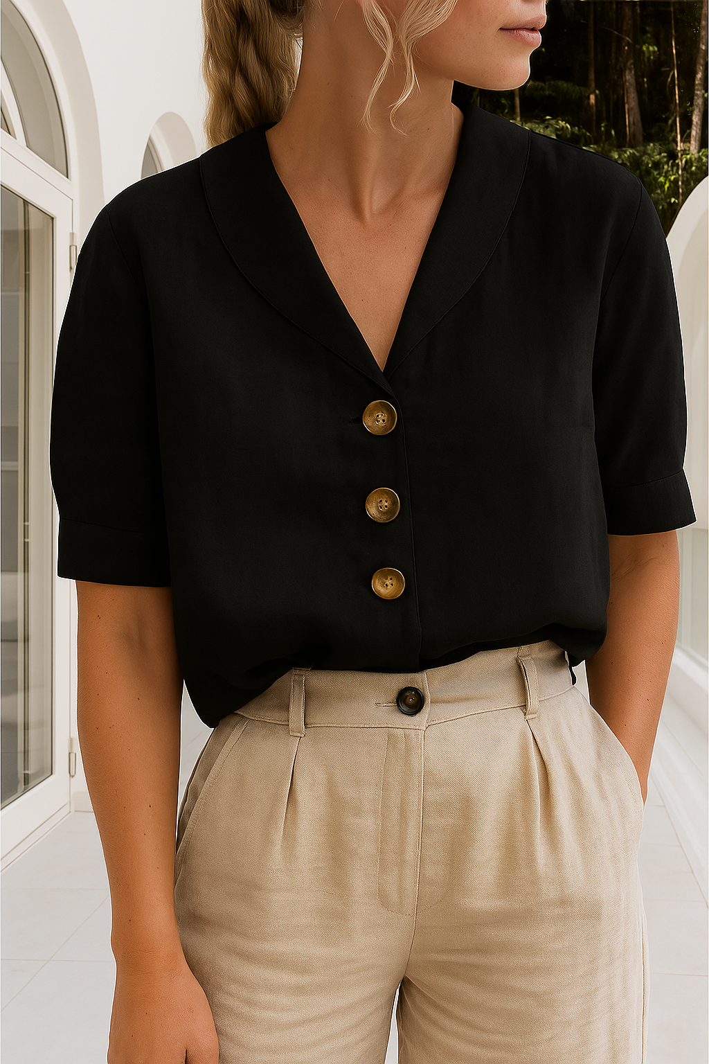 MIREYA | Casual Linnen-Katoen T-shirt met Knoopdetails