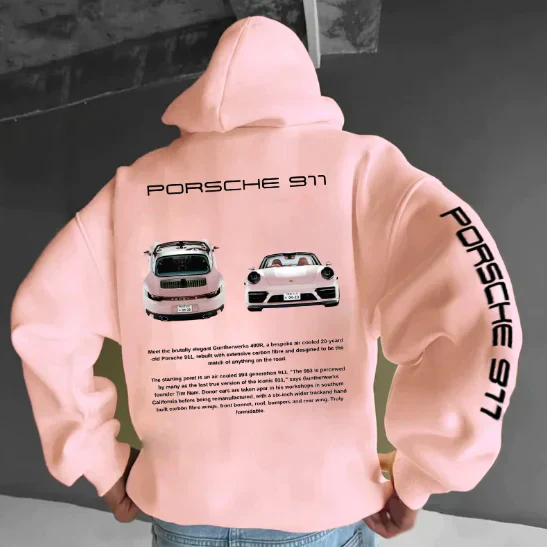 Hoodie met sportautoprint – Rugdesign met typografie en mouwopdruk