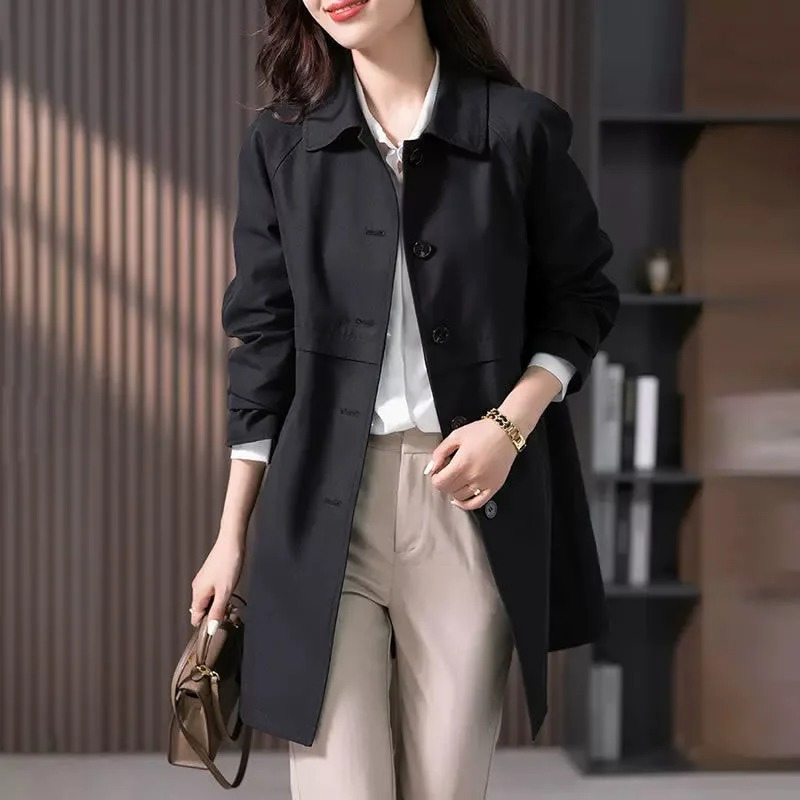 Dames Trenchcoat met Knoopsluiting en Kraag – Tijdloos en Comfortabel in Zwart, Geschikt voor Lente en Herfst 3