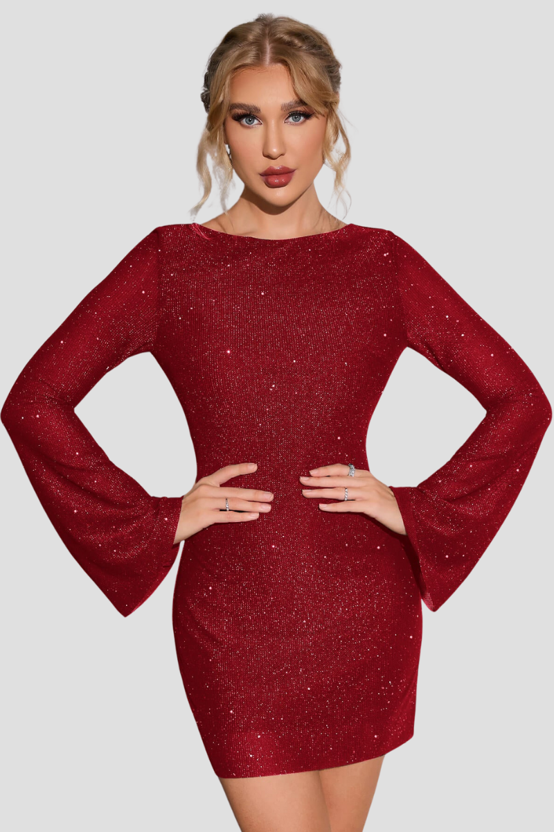 ELENORA | Glitterjurk met Open Rug en Lange Mouwen