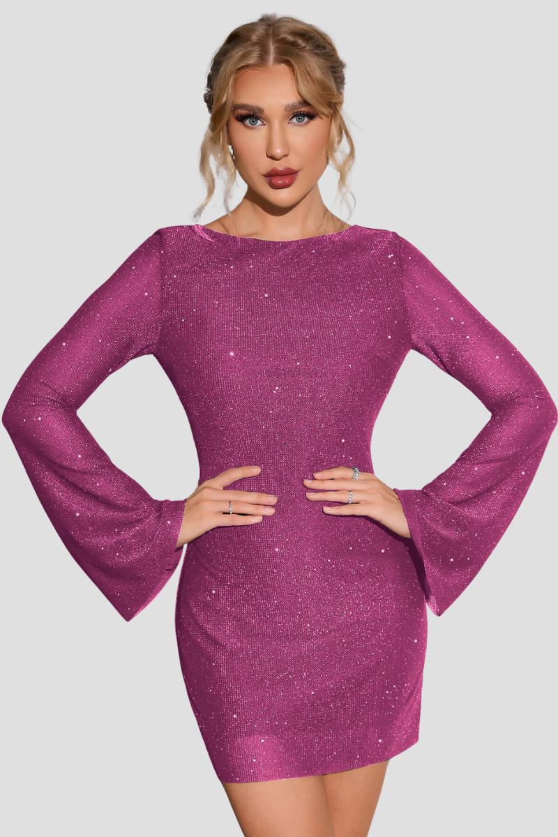 ELENORA | Glitterjurk met Open Rug en Lange Mouwen