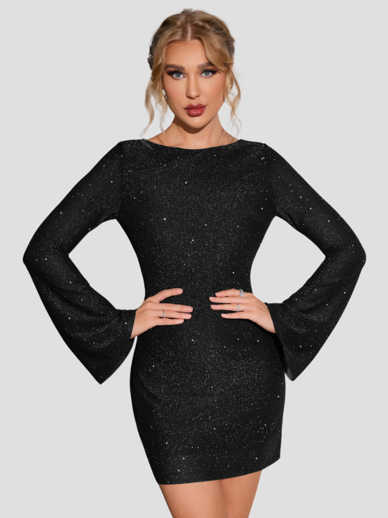 ELENORA | Glitterjurk met Open Rug en Lange Mouwen