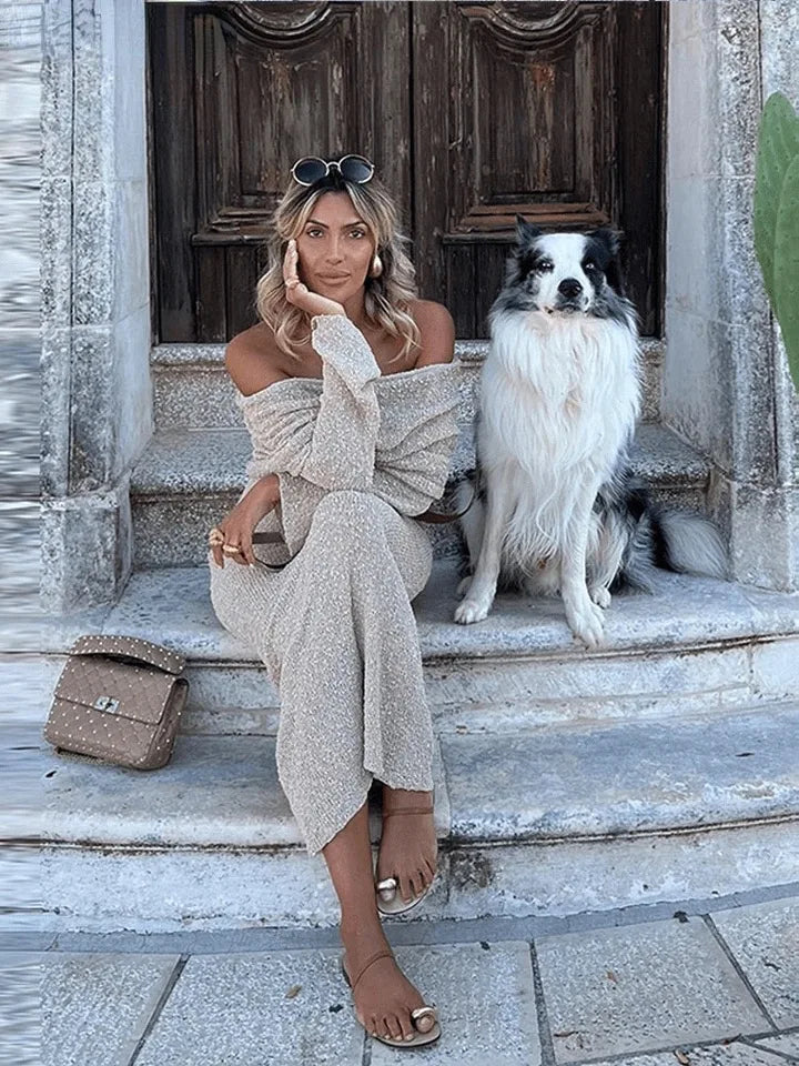 SOLVANA | Gehaakte maxi strandjurk met off-shoulder hals