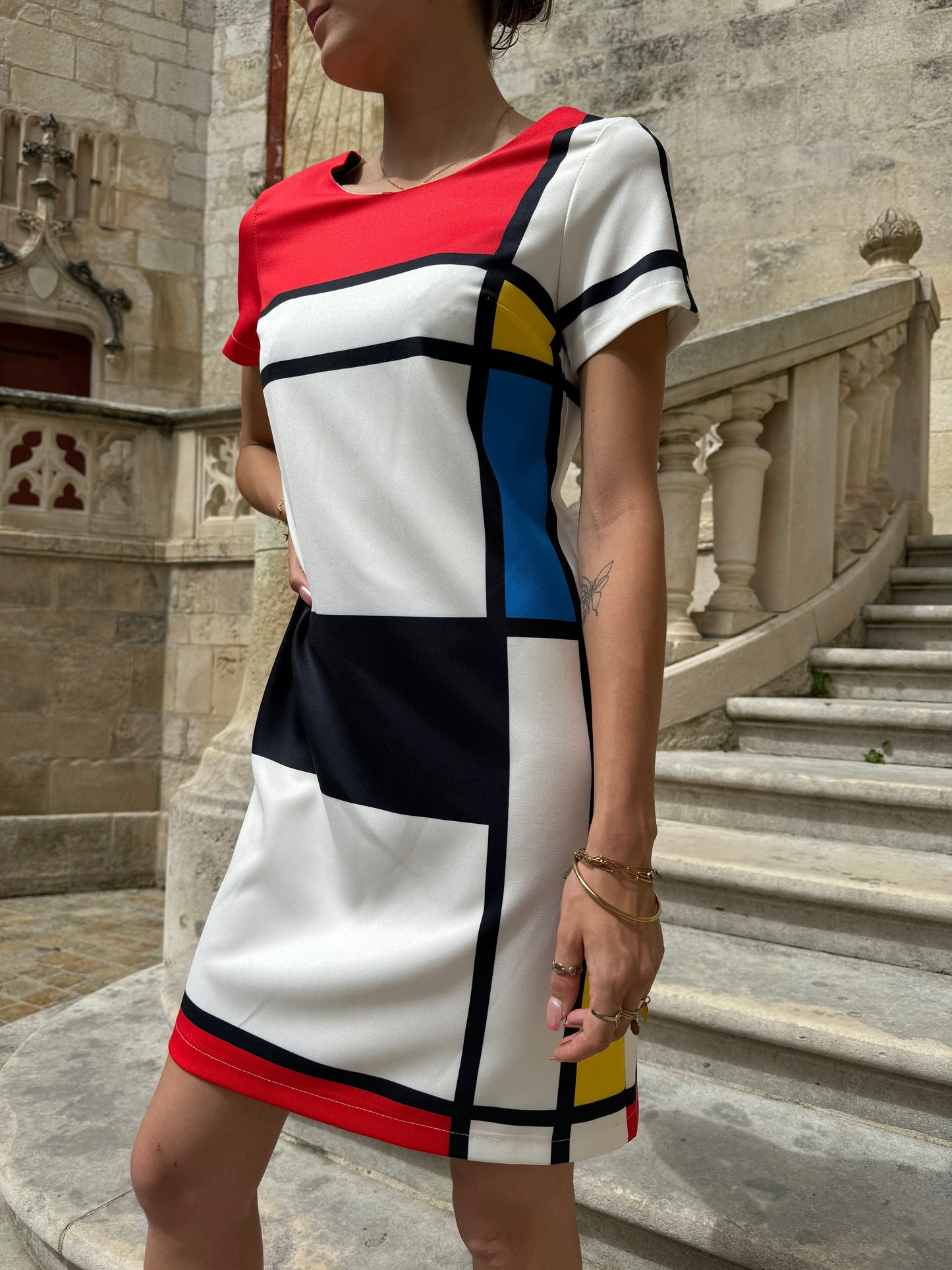 Lina – Retro Mini Jurk met Mondriaanprint
