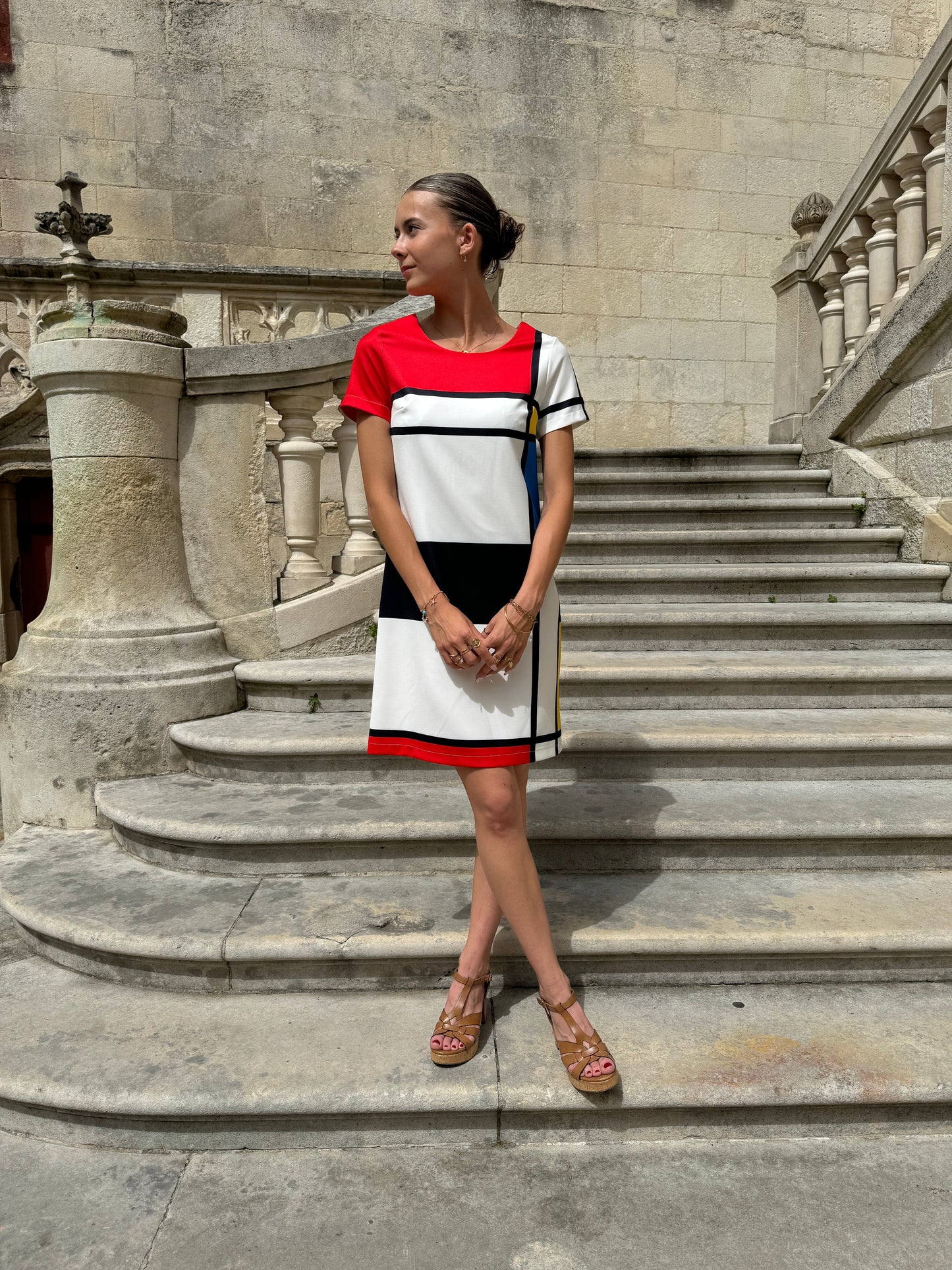 Lina – Retro Mini Jurk met Mondriaanprint
