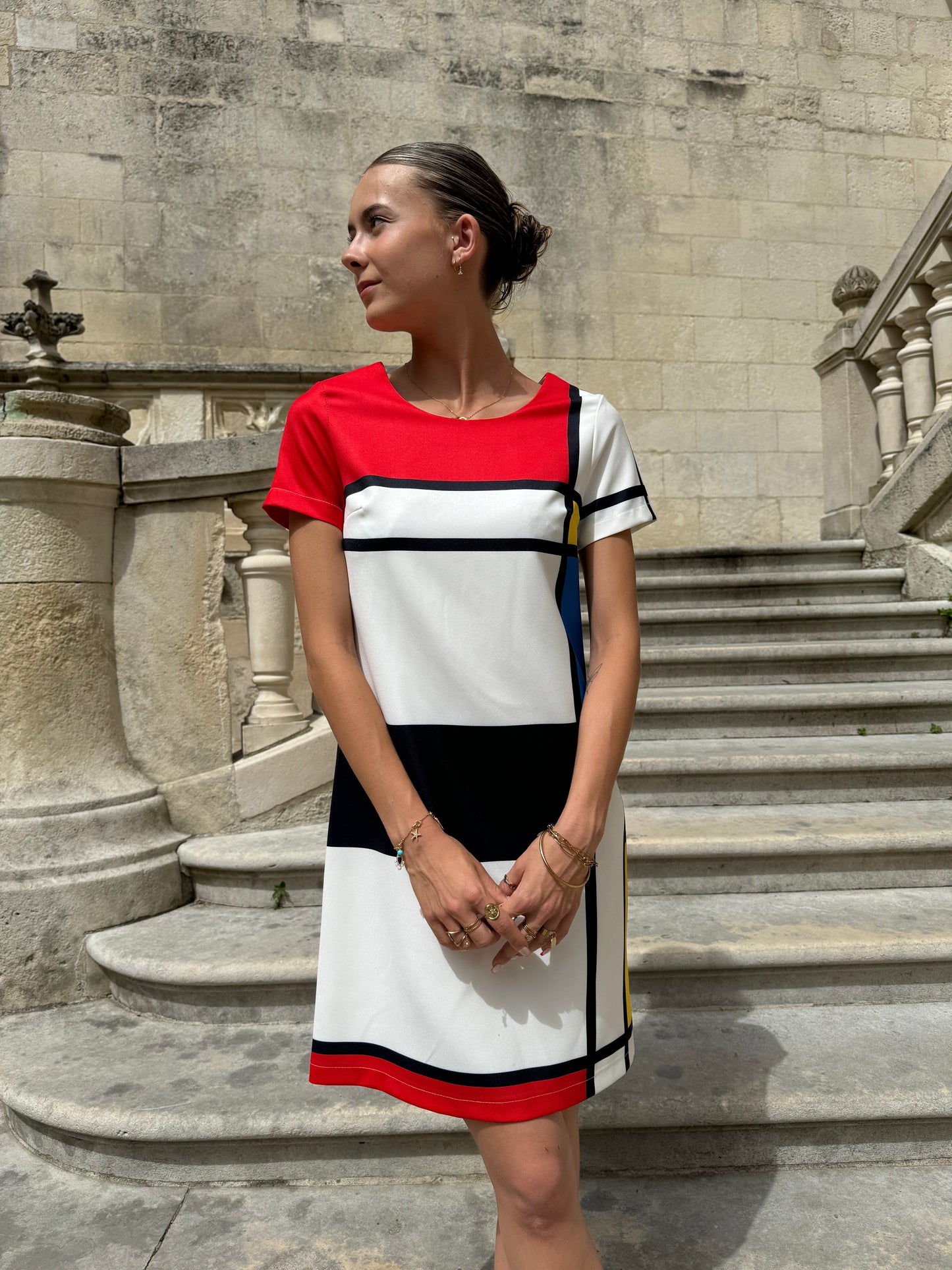 Lina – Retro Mini Jurk met Mondriaanprint