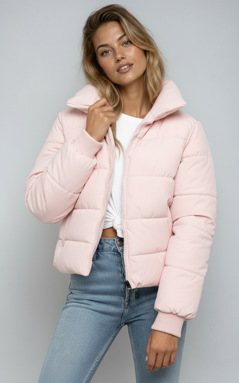 Korte Gewatteerde Damesjas met Hoge Kraag en Ritssluiting – Trendy Puffer Jas voor Winter en Herfst 7