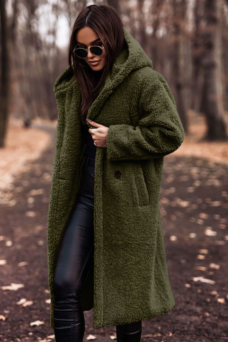 Lange teddy jas met capuchon voor dames | Warme en comfortabele wintermantel