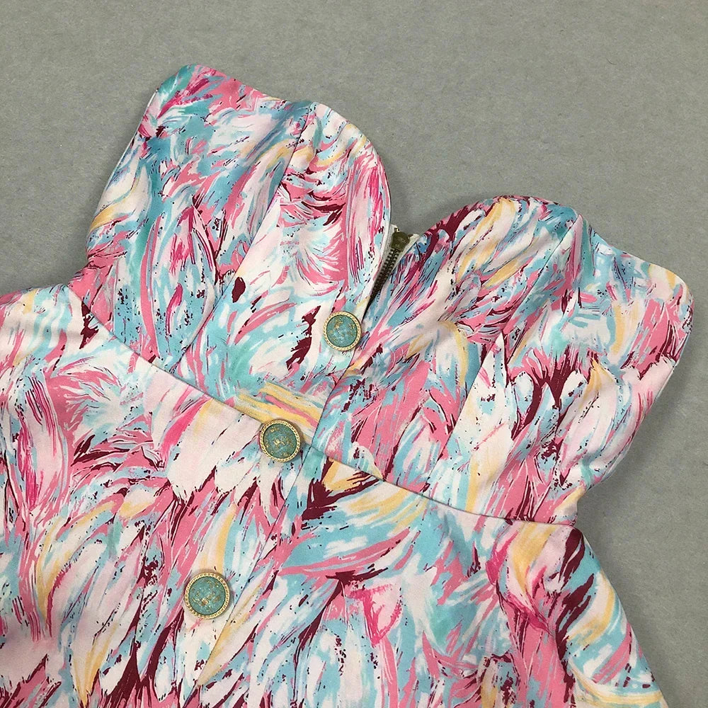 LEONTINA | Sculpturale Strapless Mini Jurk met Abstracte Print