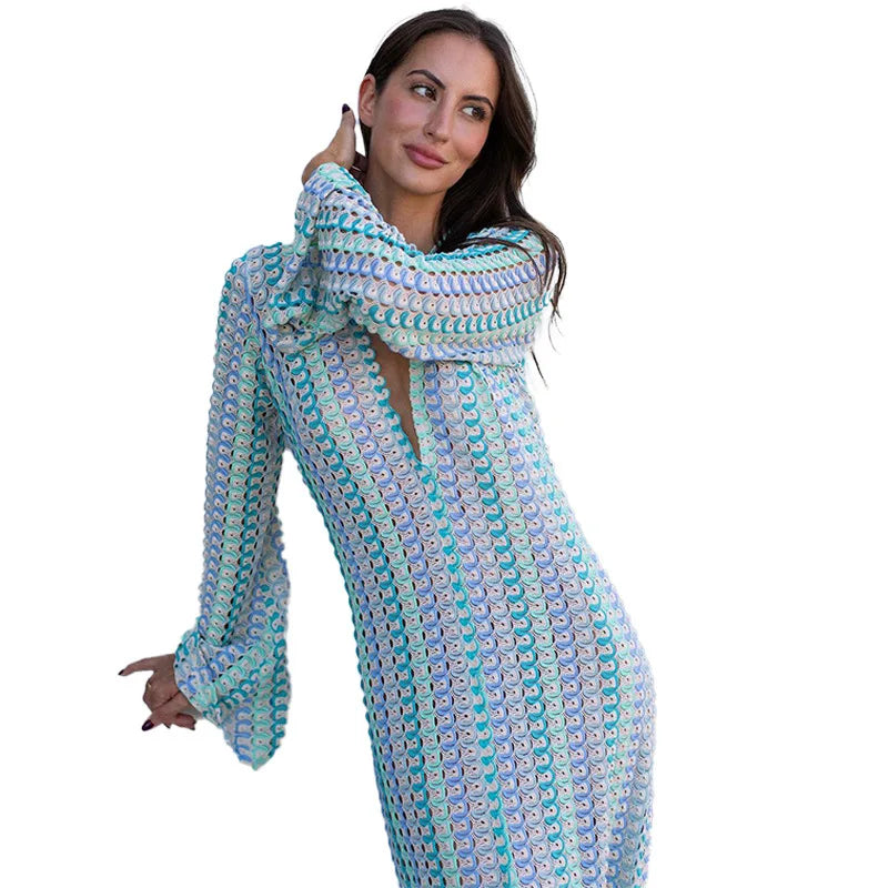 Sunset Spirit – Kleurrijke Gehaakte Maxi Jurk met Split