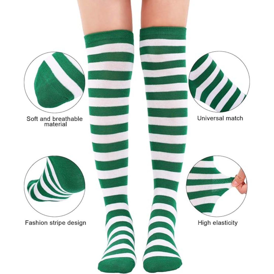 Sophie Kniehoge Sokken | Zachte Stof, 3-Pack, Rood Groen Wit Gestreept 6