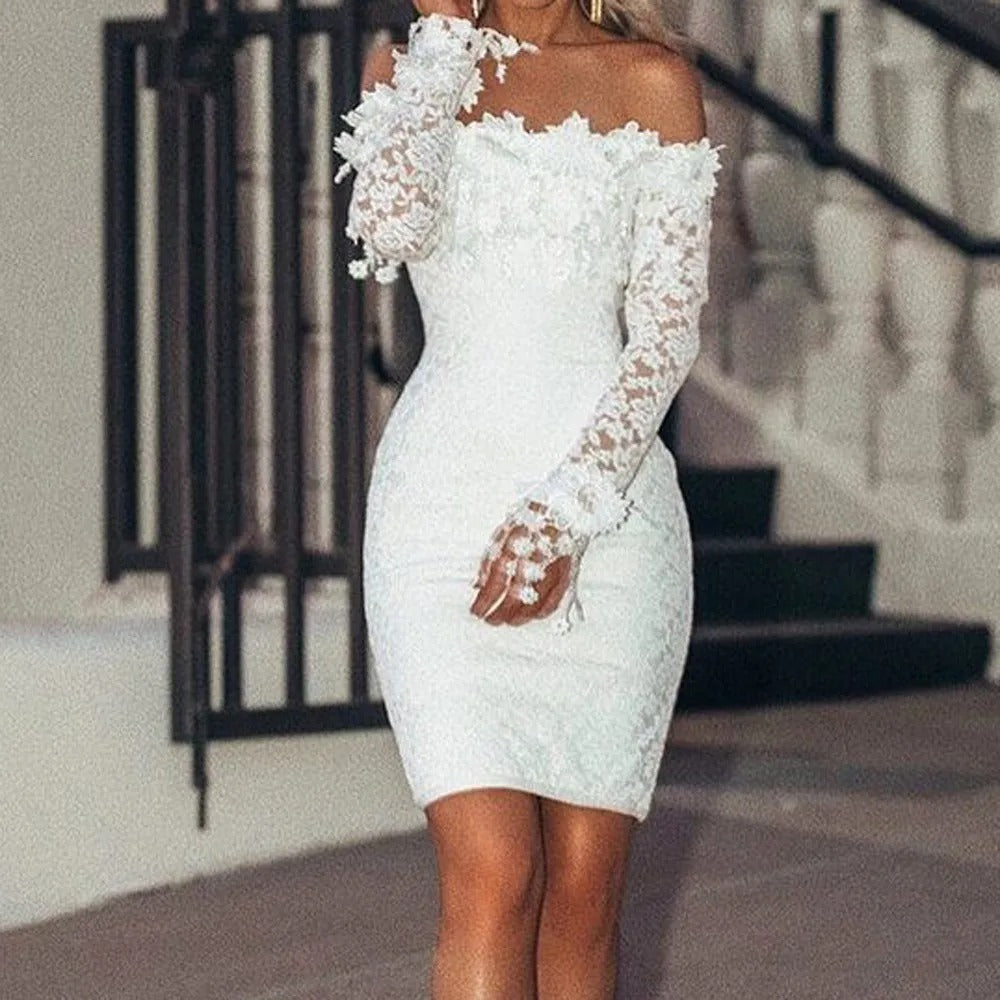 Maevina | Witte Kanten Off-Shoulder Midi Jurk