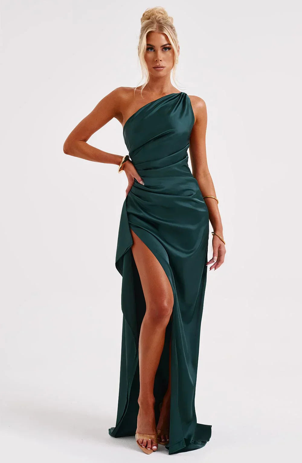 IRINA | Satijnen One-Shoulder Splitjurk voor Speciale Gelegenheden