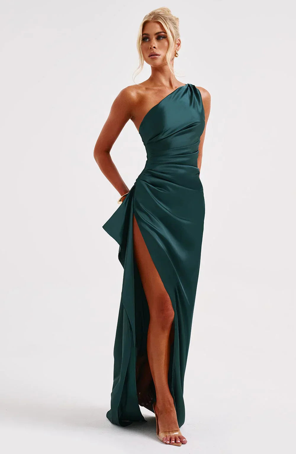 IRINA | Satijnen One-Shoulder Splitjurk voor Speciale Gelegenheden