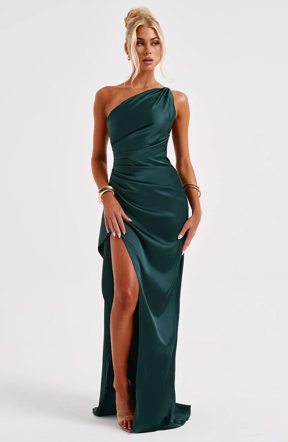 IRINA | Satijnen One-Shoulder Splitjurk voor Speciale Gelegenheden
