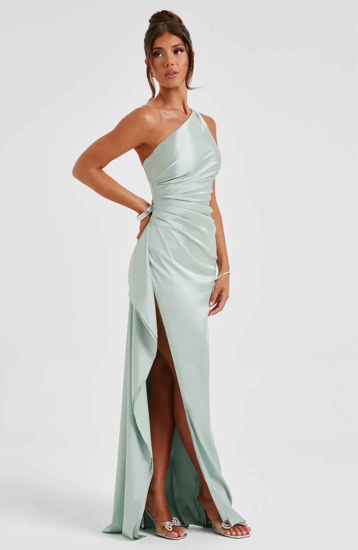 IRINA | Satijnen One-Shoulder Splitjurk voor Speciale Gelegenheden