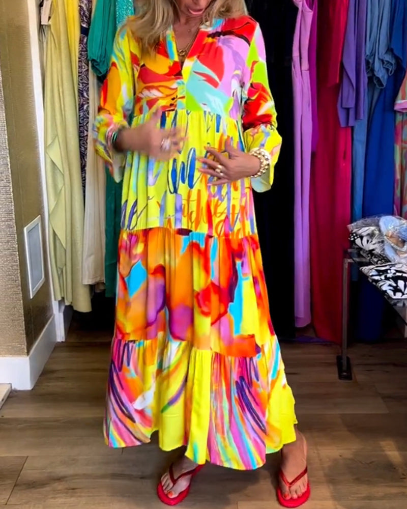 Gele jurk met uitlopende mouwen en print elegant