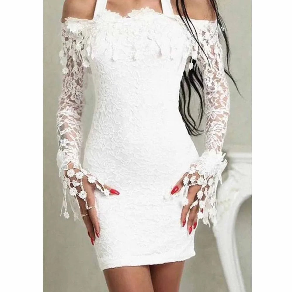 Maevina | Witte Kanten Off-Shoulder Midi Jurk