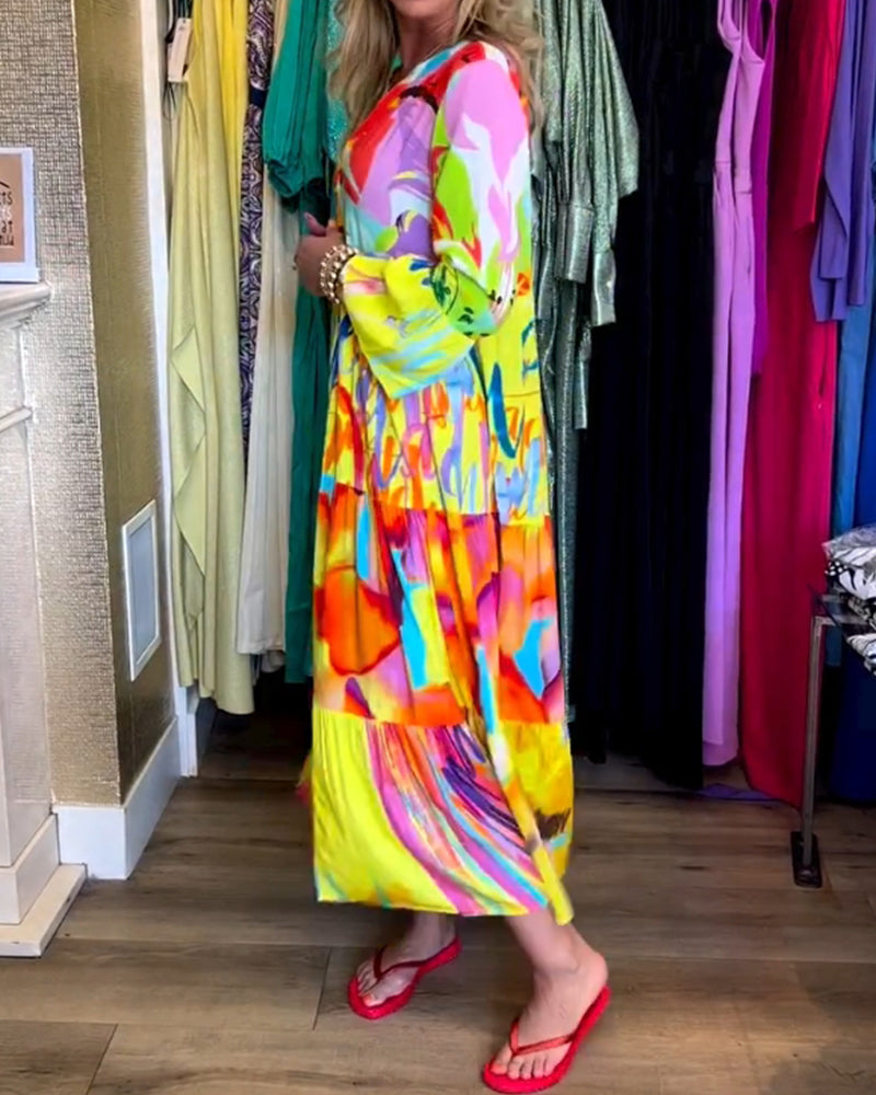 Gele jurk met uitlopende mouwen en print elegant