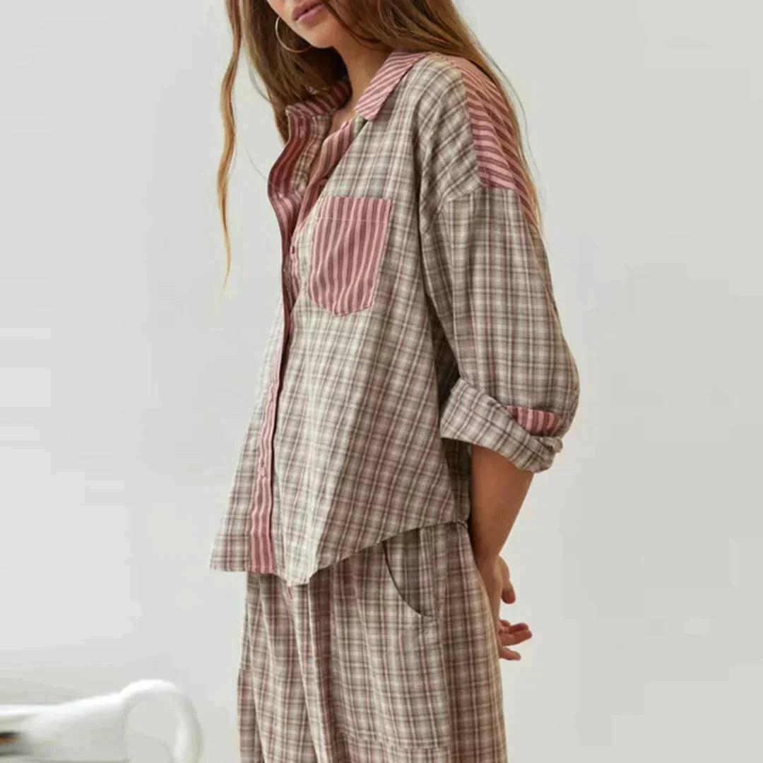 MARILU | Geruite Pyjama Set met Lange Mouwen