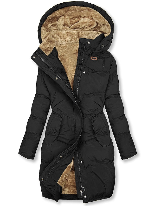 Dames lange gewatteerde puffer winterjas met capuchon en warme voering