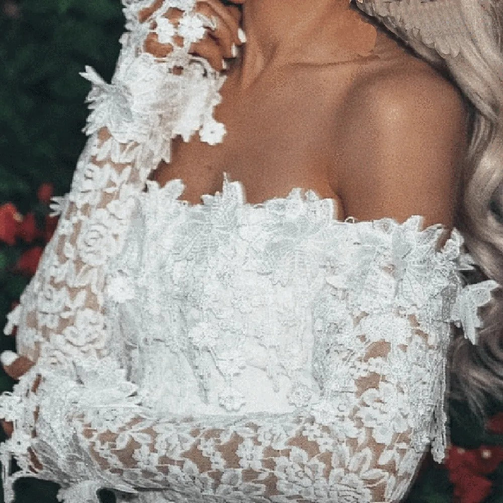 Maevina | Witte Kanten Off-Shoulder Midi Jurk