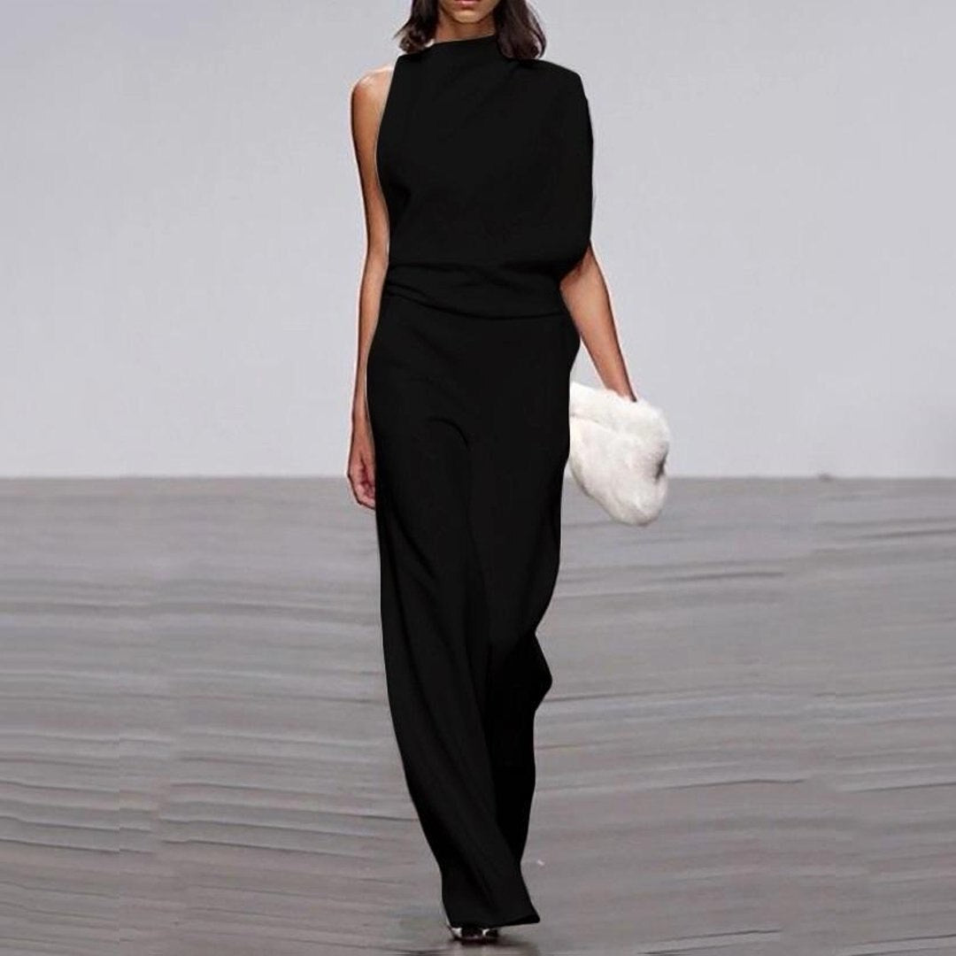 Loreva | Asymmetrische Jumpsuit met Hoge Kraag en Ontblote Schouder