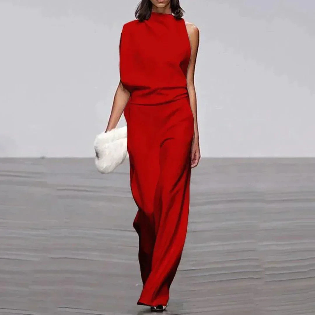 Loreva | Asymmetrische Jumpsuit met Hoge Kraag en Ontblote Schouder