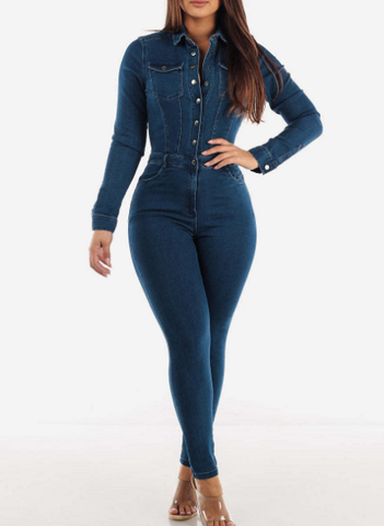 MADELEINE | Donkergrijze Denim Jumpsuit met Ceintuur