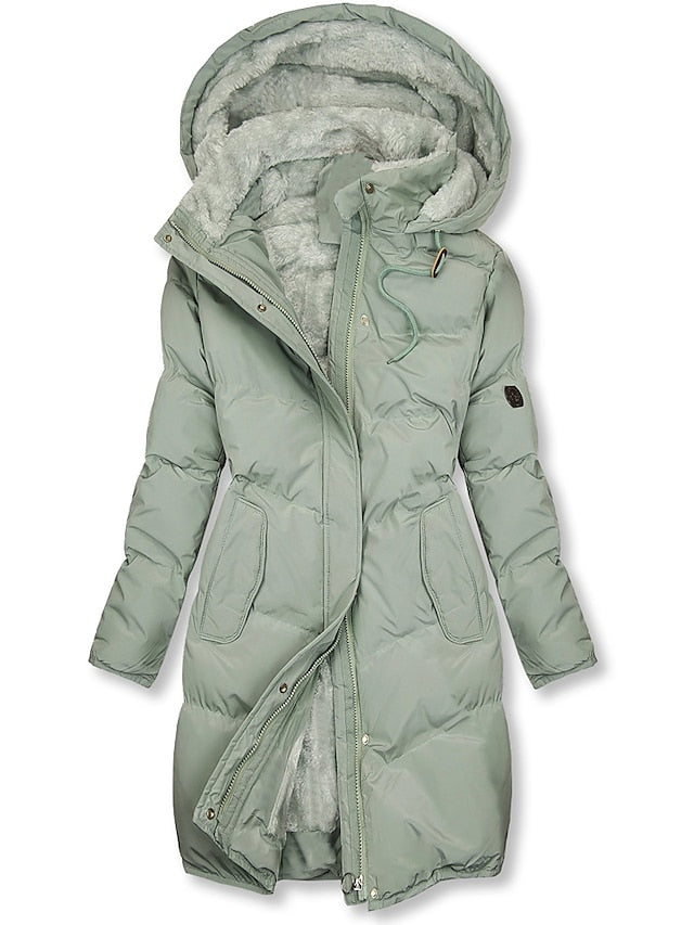 Dames lange gewatteerde puffer winterjas met capuchon en warme voering